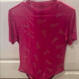 Dior Hot Pink Rhinestone Logo Mesh Bodysuit